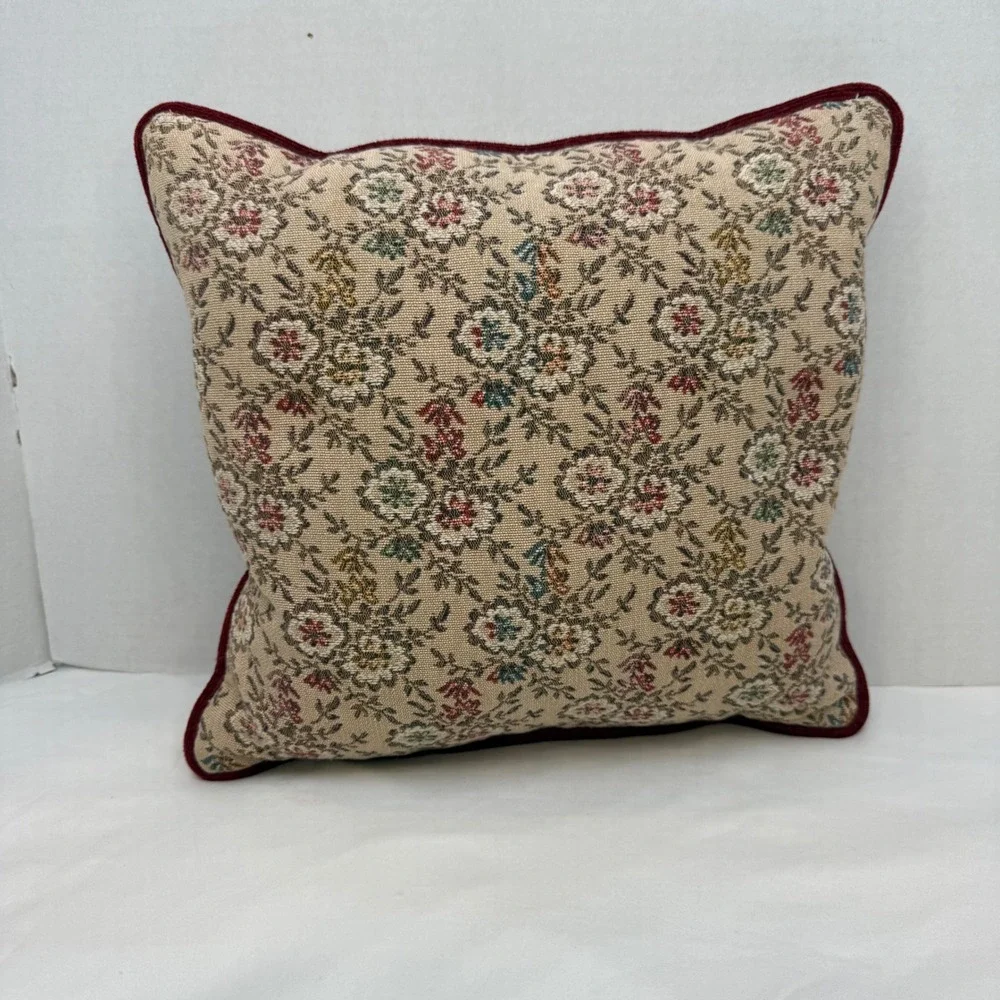 Vintage Floral Tapestry Throw Pillow Burgundy Velvet Piping Square Accent 15x15